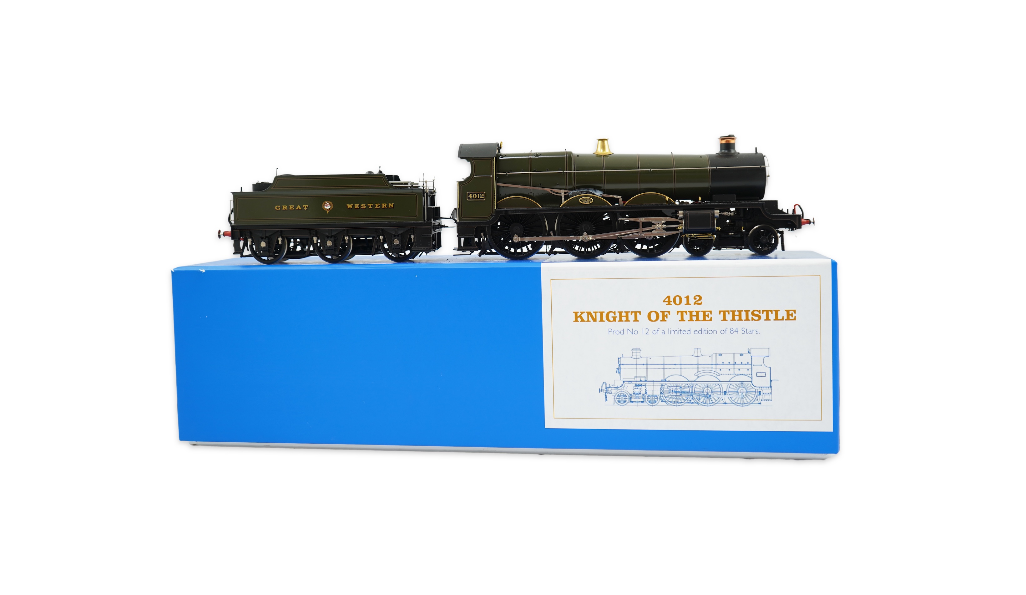 An 0 gauge Masterpiece Models model of GWR Star Class, Knight of the Thistle, 4012, 4-6-0 tender locomotive, powered for two rail operation, with original box, accessories, instruction booklet and other paperwork.